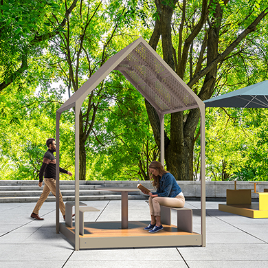 Table espace collaboratif extérieur scolaire, commercial - abri solaire, mobilier scolaire extérieur, mobilier commercial extérieur