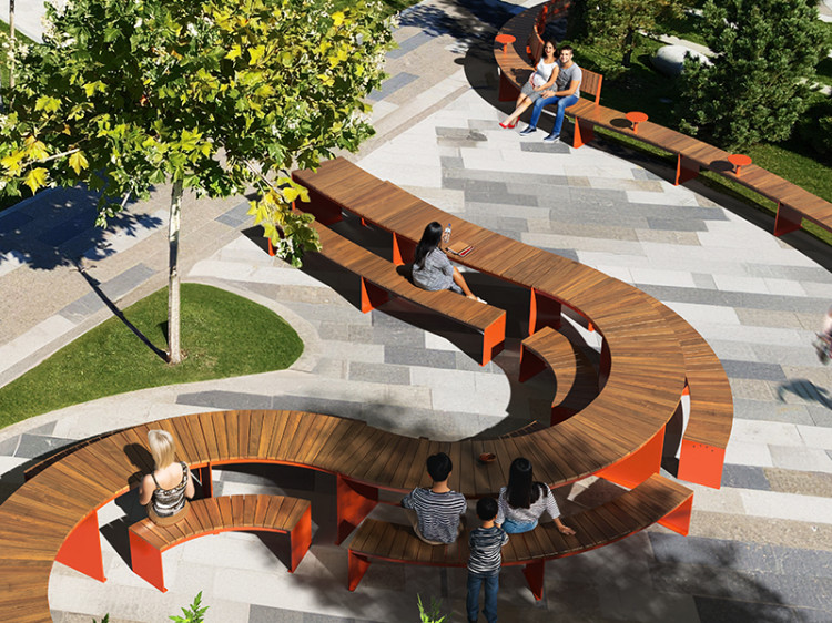 Mobilier modulaire urbain sinueux - mobilier espace collaboratif extérieur - mobilier scolaire extérieur