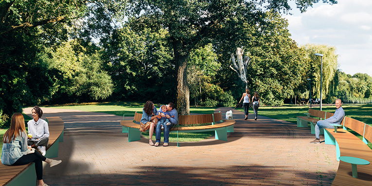 Banc urbain - mobilier urbain - bancs modulaires - Bancs courbes - parasol métallique - tablettes