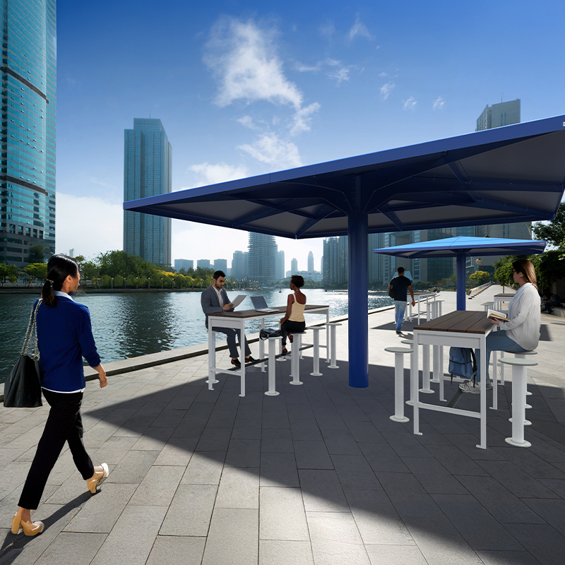 mobilier urbain avec abri solaire - parasol métallique 4 saisons - mobilier urbain durable 