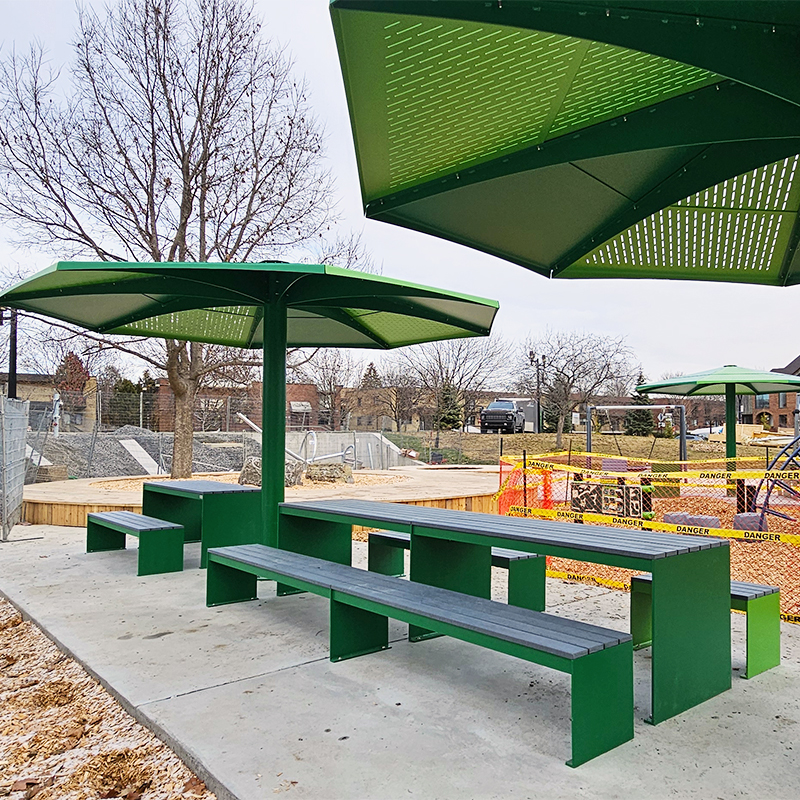 Modular picnic table, universal access (ADA), Picnic table, Public table, public bench, Metal Parasol, Street furniture, urban furniture, Picnic table shelter, picnic table urban furniture, sunshade, umbrella, outdoor collaborative space furniture, outdoor school furniture, outdoor furniture, school outdoor furniture, touristic station outdoor furniture, commercial outdoor furniture, Park outdoor furniture, Rooftop terrace furniture, Commercial terrace furniture, Public square outdoor furniture, Touristic site outdoor furniture, Urban modular furniture, Public space furniture.