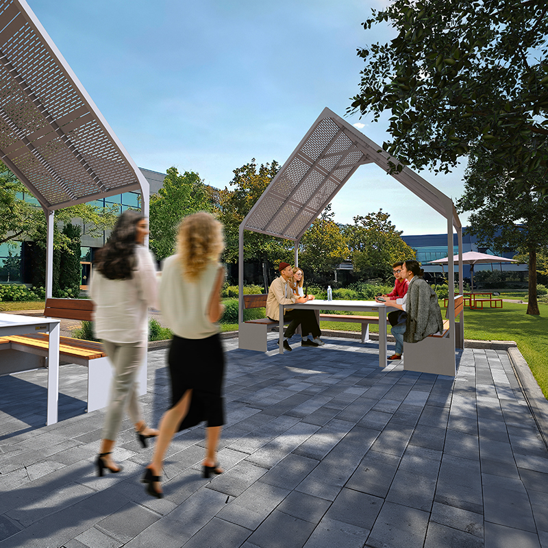 Table pique-nique avec un abri soleil ayant la forme d'une maisonnette. Mobilier urbain, scolaire ou corporatif pour espce collaboratif extérieur.