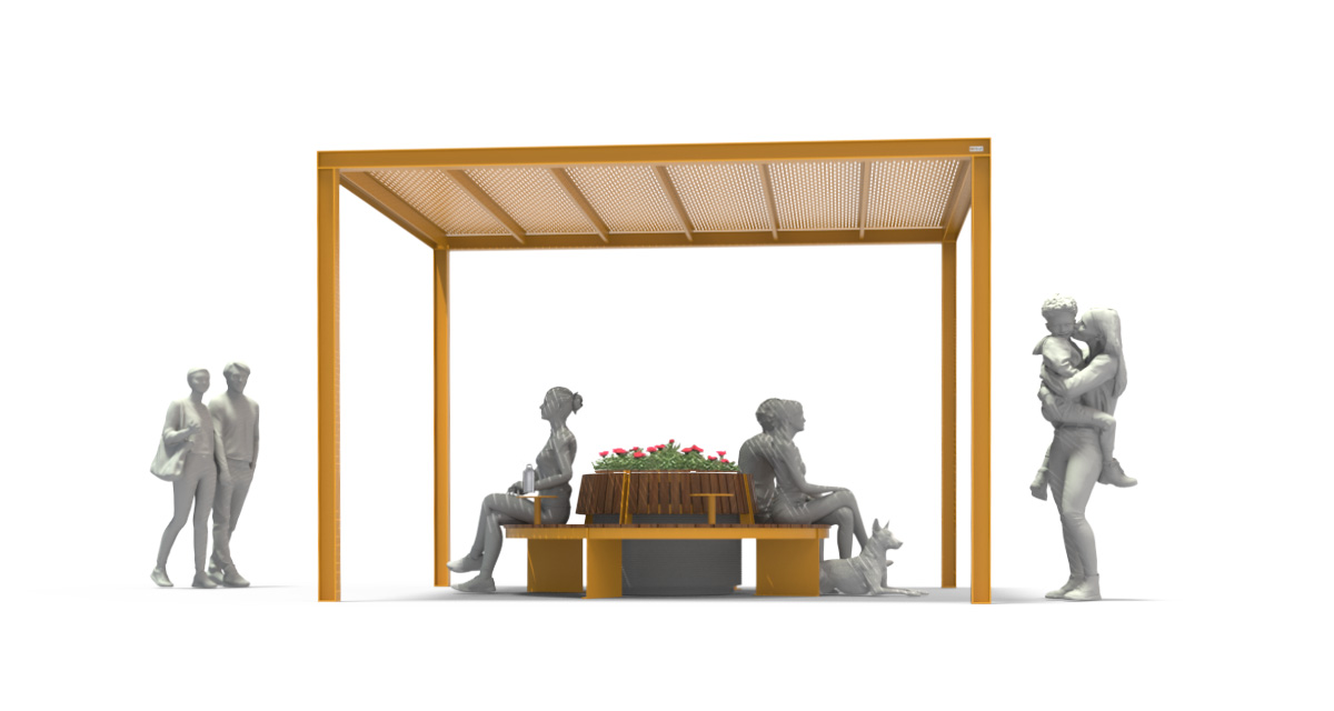 Public bench, Modular curved urban bench with pergola structure, Street furniture, urban furniture, Urban bench shelter, outdoor furniture, school outdoor furniture, touristic station outdoor furniture, commercial outdoor furniture, Park outdoor furniture, Rooftop terrace furniture, Commercial terrace furniture, Public square outdoor furniture,Touristic site outdoor furniture, Urban modular furniture, Public space furniture.