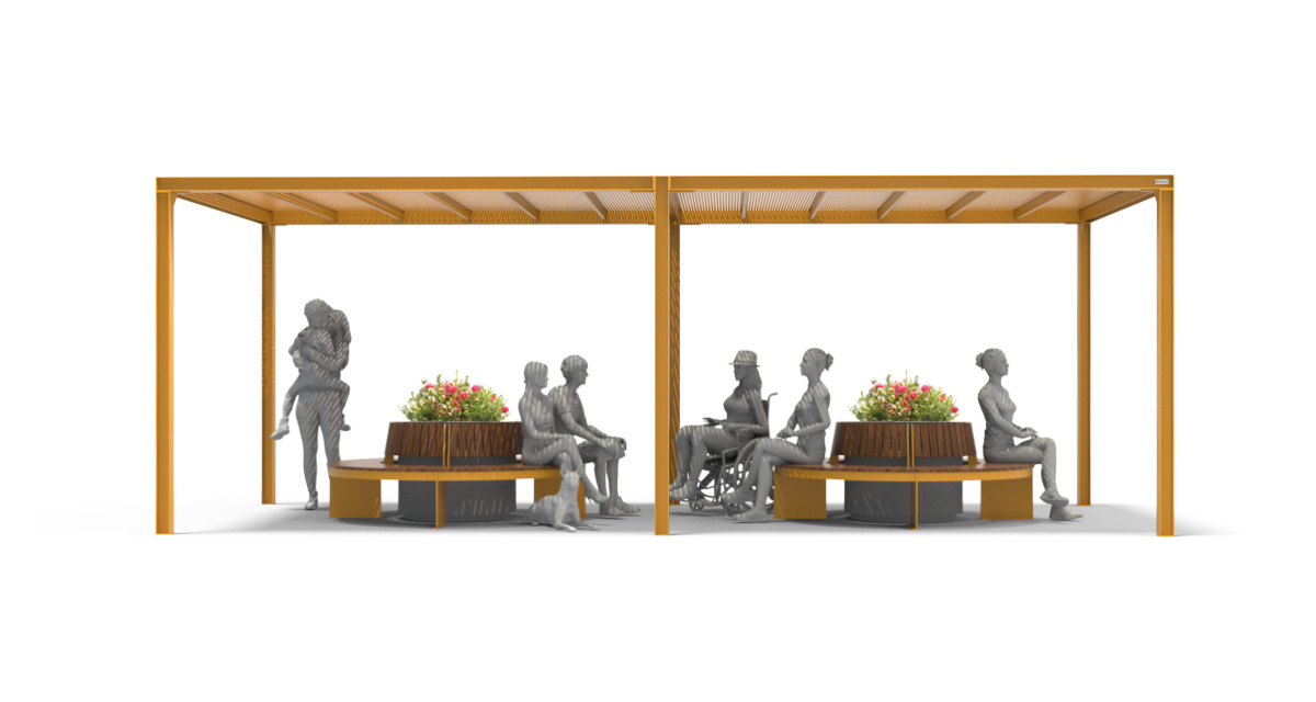 Public bench, Modular curved urban bench with pergola structure, Street furniture, urban furniture, Urban bench shelter, outdoor furniture, school outdoor furniture, touristic station outdoor furniture, commercial outdoor furniture, Park outdoor furniture, Rooftop terrace furniture, Commercial terrace furniture, Public square outdoor furniture,Touristic site outdoor furniture, Urban modular furniture, Public space furniture.