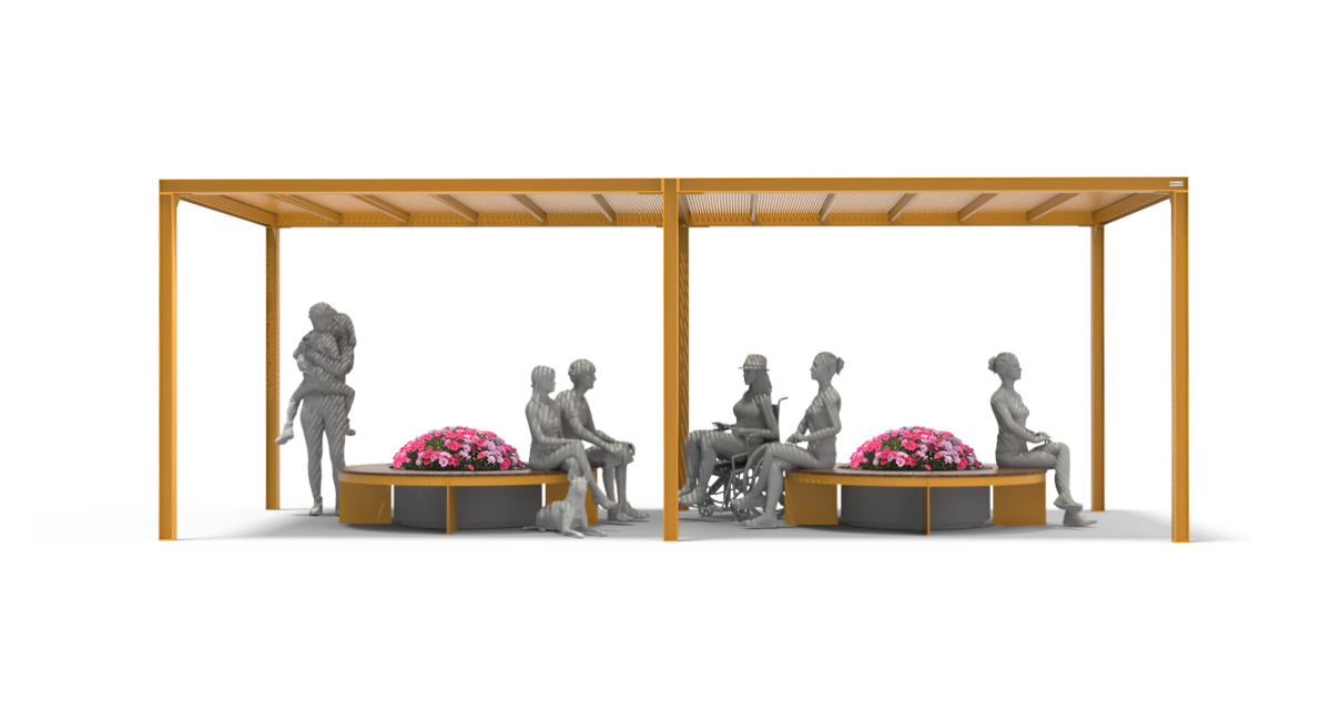 Public bench, Modular curved urban bench with pergola structure, Street furniture, urban furniture, Urban bench shelter, outdoor furniture, school outdoor furniture, touristic station outdoor furniture, commercial outdoor furniture, Park outdoor furniture, Rooftop terrace furniture, Commercial terrace furniture, Public square outdoor furniture,Touristic site outdoor furniture, Urban modular furniture, Public space furniture.