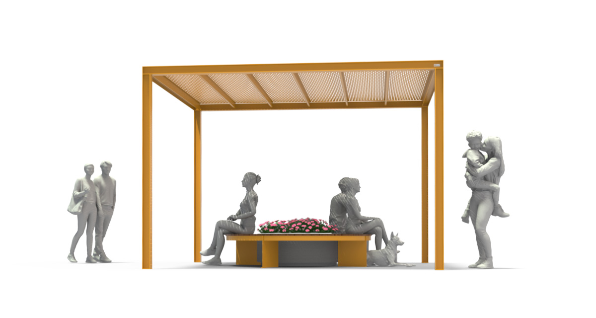 Public bench, Modular curved urban bench with pergola structure, Street furniture, urban furniture, Urban bench shelter, outdoor furniture, school outdoor furniture, touristic station outdoor furniture, commercial outdoor furniture, Park outdoor furniture, Rooftop terrace furniture, Commercial terrace furniture, Public square outdoor furniture,Touristic site outdoor furniture, Urban modular furniture, Public space furniture.