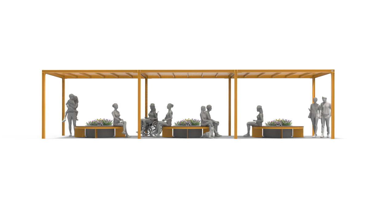 Public bench, Modular curved urban bench with pergola structure, Street furniture, urban furniture, Urban bench shelter, outdoor furniture, school outdoor furniture, touristic station outdoor furniture, commercial outdoor furniture, Park outdoor furniture, Rooftop terrace furniture, Commercial terrace furniture, Public square outdoor furniture,Touristic site outdoor furniture, Urban modular furniture, Public space furniture.