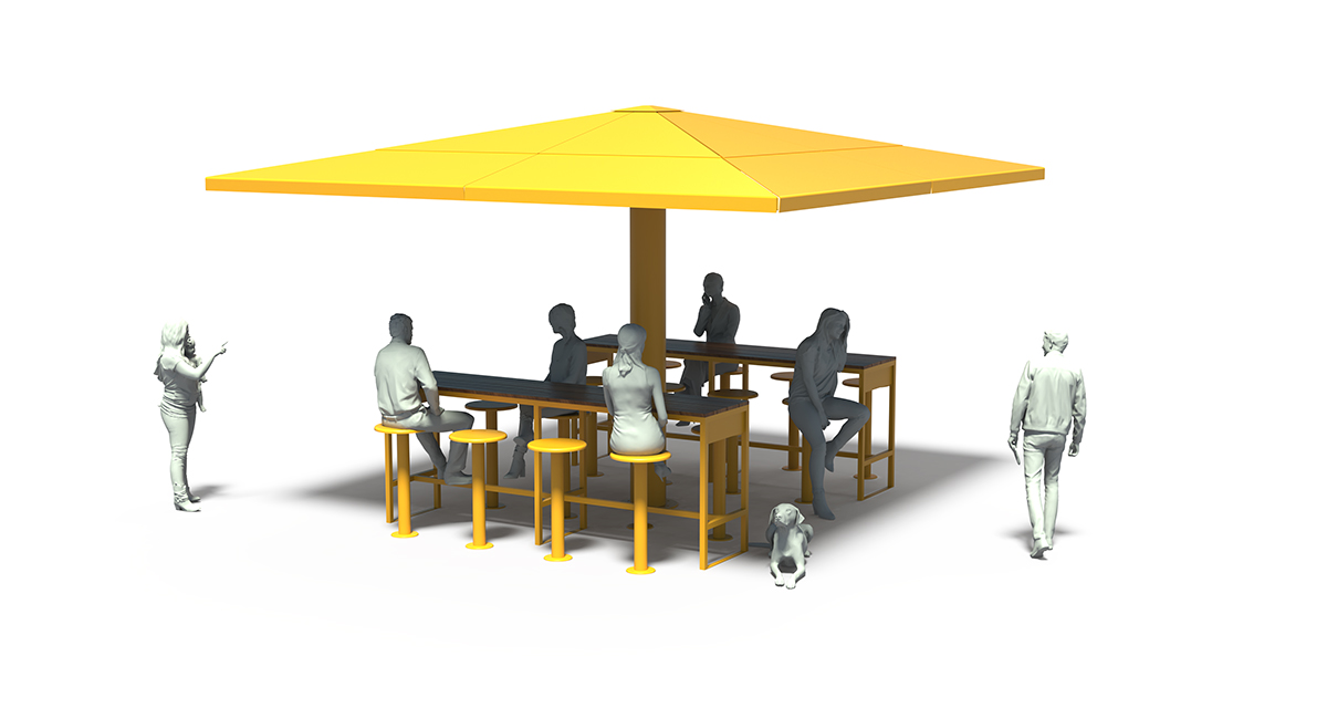 Urban Parasol, Metal sun umbrella, Street furniture, urban furniture, Picnic table shelter, sunshade, outdoor collaborative space furniture, outdoor school furniture, outdoor furniture, school outdoor furniture, touristic station outdoor furniture, commercial outdoor furniture, Park outdoor furniture, Rooftop terrace furniture, Commercial terrace furniture, Public square outdoor furniture, Touristic site outdoor furniture, Urban modular furniture, Public space furniture.