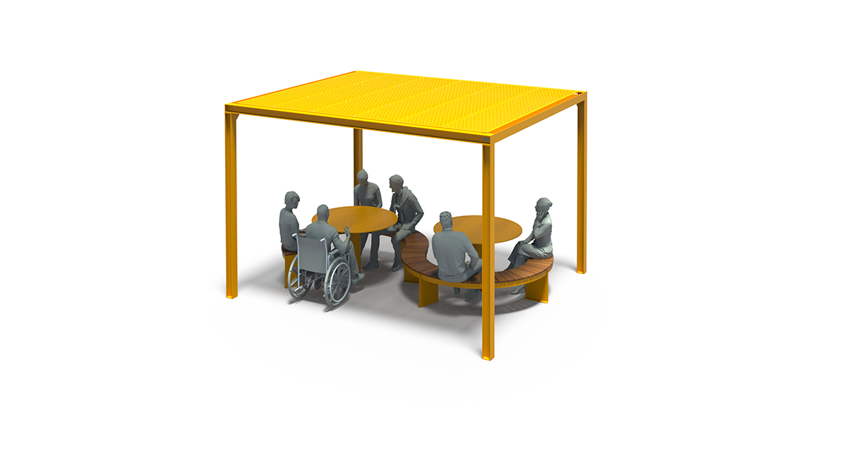 Modular picnic table, universal access (ADA), Picnic table, Public table, public bench, Pergola, Street furniture, urban furniture, Picnic table shelter, picnic table urban furniture, sunshade, outdoor collaborative space furniture, outdoor school furniture, outdoor furniture, school outdoor furniture, touristic station outdoor furniture, commercial outdoor furniture, Park outdoor furniture, Rooftop terrace furniture, Commercial terrace furniture, Public square outdoor furniture, Touristic site outdoor furniture, Urban modular furniture, Public space furniture.