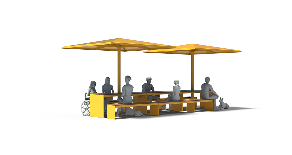 Modular picnic table, universal access (ADA), Picnic table, Public table, public bench, Metal Parasol, Street furniture, urban furniture, Picnic table shelter, picnic table urban furniture, sunshade, umbrella, outdoor collaborative space furniture, outdoor school furniture, outdoor furniture, school outdoor furniture, touristic station outdoor furniture, commercial outdoor furniture, Park outdoor furniture, Rooftop terrace furniture, Commercial terrace furniture, Public square outdoor furniture, Touristic site outdoor furniture, Urban modular furniture, Public space furniture.