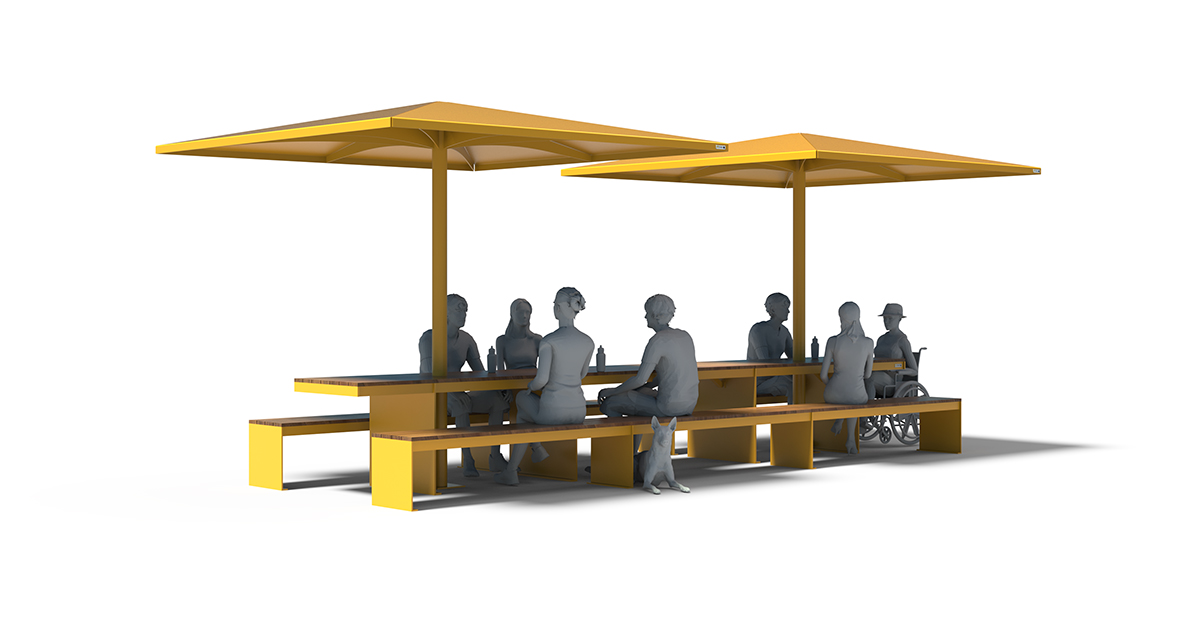 Modular picnic table, universal access (ADA), Picnic table, Public table, public bench, Metal Parasol, Street furniture, urban furniture, Picnic table shelter, picnic table urban furniture, sunshade, umbrella, outdoor collaborative space furniture, outdoor school furniture, outdoor furniture, school outdoor furniture, touristic station outdoor furniture, commercial outdoor furniture, Park outdoor furniture, Rooftop terrace furniture, Commercial terrace furniture, Public square outdoor furniture, Touristic site outdoor furniture, Urban modular furniture, Public space furniture.