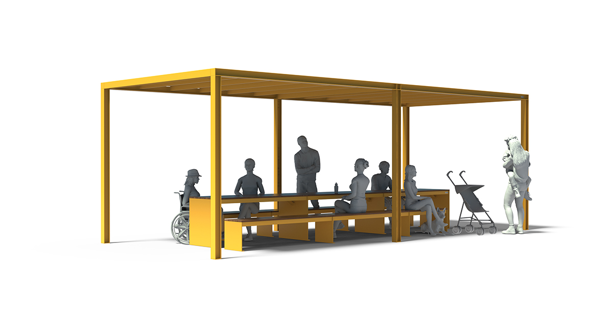 Modular picnic table, universal access (ADA), Picnic table, Public table, public bench, Modular Pergola, Street furniture, urban furniture, Picnic table shelter, picnic table urban furniture, sunshade, outdoor collaborative space furniture, outdoor school furniture, outdoor furniture, school outdoor furniture, touristic station outdoor furniture, commercial outdoor furniture, Park outdoor furniture, Rooftop terrace furniture, Commercial terrace furniture, Public square outdoor furniture, Touristic site outdoor furniture, Urban modular furniture, Public space furniture.