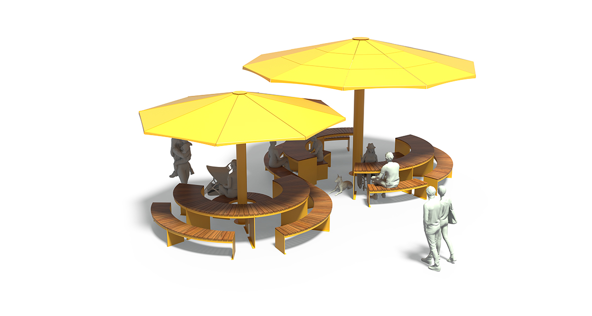 Modular picnic table, universal access (ADA), Picnic table, Public table, public bench, Metal Parasol, Street furniture, urban furniture, Picnic table shelter, picnic table urban furniture, sunshade, umbrella, outdoor collaborative space furniture, outdoor school furniture, outdoor furniture, school outdoor furniture, touristic station outdoor furniture, commercial outdoor furniture, Park outdoor furniture, Rooftop terrace furniture, Commercial terrace furniture, Public square outdoor furniture, Touristic site outdoor furniture, Urban modular furniture, Public space furniture.