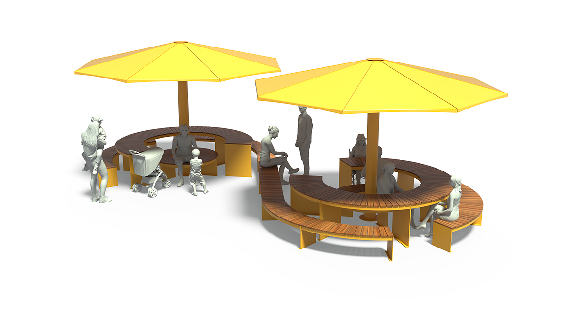 Modular picnic table, universal access (ADA), Picnic table, Public table, public bench, Metal Parasol, Street furniture, urban furniture, Picnic table shelter, picnic table urban furniture, sunshade, umbrella, outdoor collaborative space furniture, outdoor school furniture, outdoor furniture, school outdoor furniture, touristic station outdoor furniture, commercial outdoor furniture, Park outdoor furniture, Rooftop terrace furniture, Commercial terrace furniture, Public square outdoor furniture, Touristic site outdoor furniture, Urban modular furniture, Public space furniture.