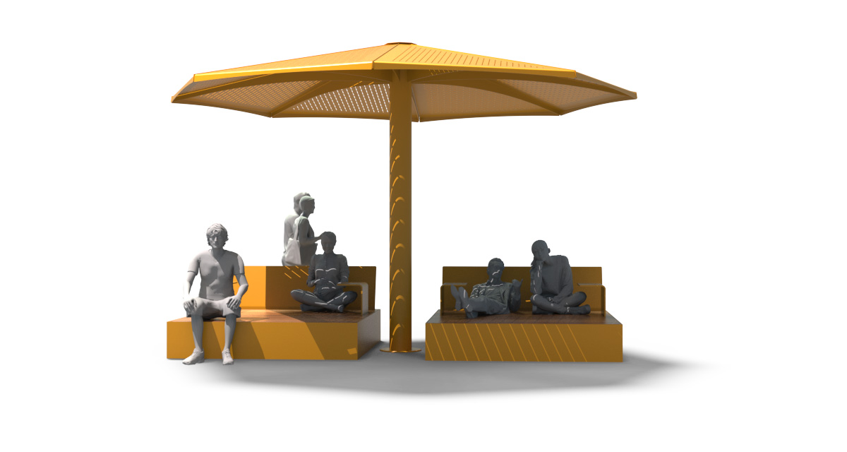 Urban Seating Platform, universal access (ADA), public bench, Metal Parasol, Street furniture, urban furniture, Urban bench shelter, urban bench sunbrella urban furniture, sunshade, umbrella, outdoor collaborative space furniture, outdoor school furniture, outdoor furniture, school outdoor furniture, touristic station outdoor furniture, commercial outdoor furniture, Park outdoor furniture, Rooftop terrace furniture, Commercial terrace furniture, Public square outdoor furniture, Touristic site outdoor furniture, Urban modular furniture, Public space furniture.