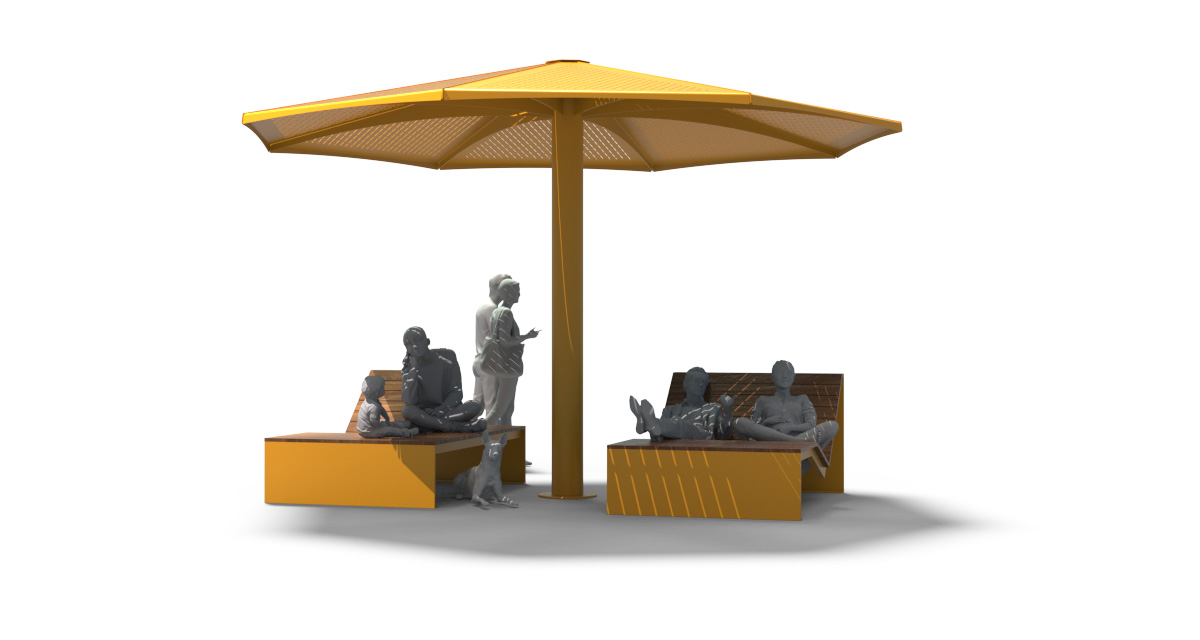 Urban Seating Platform, universal access (ADA), public bench, Metal Parasol, Street furniture, urban furniture, Urban bench shelter, urban bench sunbrella urban furniture, sunshade, umbrella, outdoor collaborative space furniture, outdoor school furniture, outdoor furniture, school outdoor furniture, touristic station outdoor furniture, commercial outdoor furniture, Park outdoor furniture, Rooftop terrace furniture, Commercial terrace furniture, Public square outdoor furniture, Touristic site outdoor furniture, Urban modular furniture, Public space furniture.