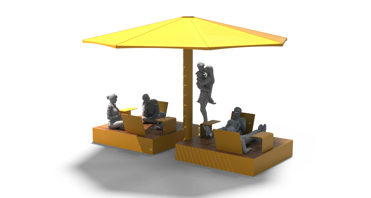 Urban Seating Platform, universal access (ADA), public bench, Metal Parasol, Street furniture, urban furniture, Urban bench shelter, urban bench sunbrella urban furniture, sunshade, umbrella, outdoor collaborative space furniture, outdoor school furniture, outdoor furniture, school outdoor furniture, touristic station outdoor furniture, commercial outdoor furniture, Park outdoor furniture, Rooftop terrace furniture, Commercial terrace furniture, Public square outdoor furniture, Touristic site outdoor furniture, Urban modular furniture, Public space furniture.