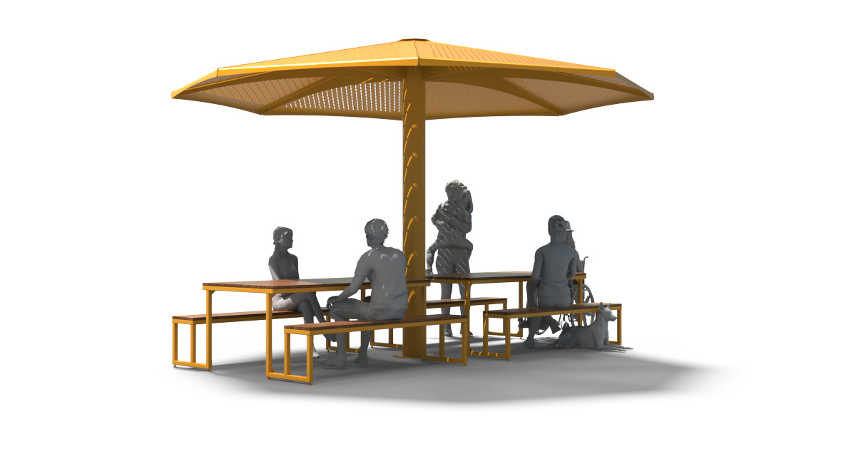 Modular picnic table, universal access (ADA), Picnic table, Public table, public bench, Pergola, Street furniture, urban furniture, Picnic table shelter, picnic table urban furniture, sunshade, outdoor collaborative space furniture, outdoor school furniture, outdoor furniture, school outdoor furniture, touristic station outdoor furniture, commercial outdoor furniture, Park outdoor furniture, Rooftop terrace furniture, Commercial terrace furniture, Public square outdoor furniture, Touristic site outdoor furniture, Urban modular furniture, Public space furniture.