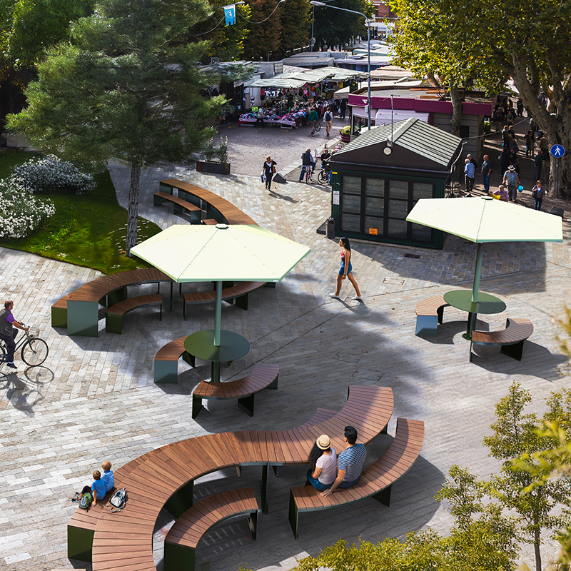 urban Picnic table, Public table, Curved Modular picnic table, universal access (ADA), Street furniture, urban furniture, Picnic table shelter, outdoor furniture, school outdoor furniture, touristic station outdoor furniture, commercial outdoor furniture, Park outdoor furniture, Rooftop terrace furniture, Commercial terrace furniture, Public square outdoor furniture, Touristic site outdoor furniture, Urban modular furniture, Public space furniture.