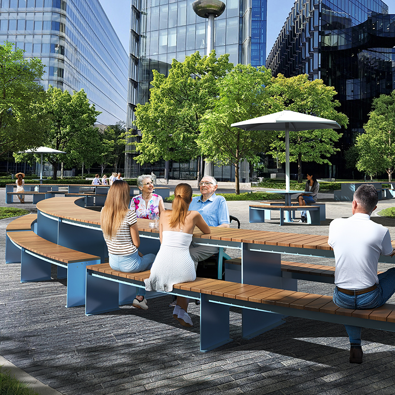 urban Picnic table, Public table, Curved Modular picnic table, universal access (ADA), Street furniture, urban furniture, Picnic table shelter, outdoor furniture, school outdoor furniture, touristic station outdoor furniture, commercial outdoor furniture, Park outdoor furniture, Rooftop terrace furniture, Commercial terrace furniture, Public square outdoor furniture, Touristic site outdoor furniture, Urban modular furniture, Public space furniture.