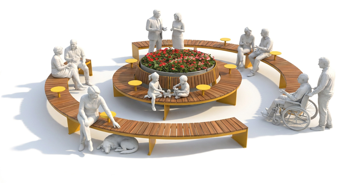 Public bench, Curved urban bench, universal access (ADA), Street furniture, urban furniture, Urban bench shelter, Mobilier de parc,outdoor furniture, school outdoor furniture, touristic station outdoor furniture, commercial outdoor furniture, Park outdoor furniture, Rooftop terrace furniture, Commercial terrace furniture, Public square outdoor furniture,Touristic site outdoor furniture, Urban modular furniture, Public space furniture.