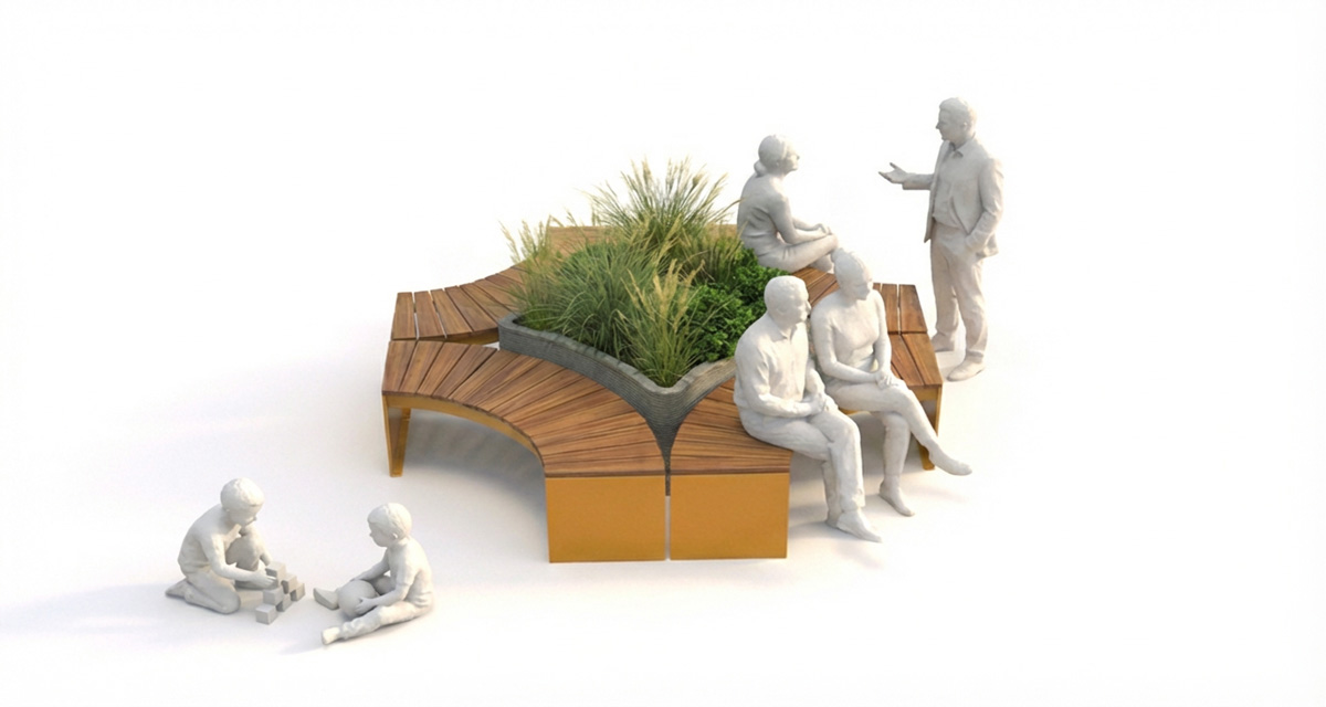 Public bench, Curved urban bench, universal access (ADA), Street furniture, urban furniture, Urban bench shelter, Mobilier de parc,outdoor furniture, school outdoor furniture, touristic station outdoor furniture, commercial outdoor furniture, Park outdoor furniture, Rooftop terrace furniture, Commercial terrace furniture, Public square outdoor furniture,Touristic site outdoor furniture, Urban modular furniture, Public space furniture.