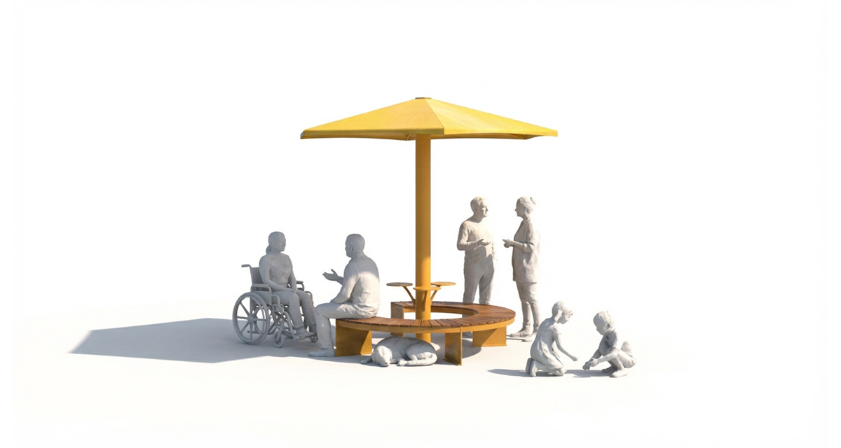 Curved urban bench, universal access (ADA), public bench, Metal Parasol, Street furniture, urban furniture, Urban bench shelter, urban bench sunbrella urban furniture, sunshade, umbrella, outdoor collaborative space furniture, outdoor school furniture, outdoor furniture, school outdoor furniture, touristic station outdoor furniture, commercial outdoor furniture, Park outdoor furniture, Rooftop terrace furniture, Commercial terrace furniture, Public square outdoor furniture, Touristic site outdoor furniture, Urban modular furniture, Public space furniture.