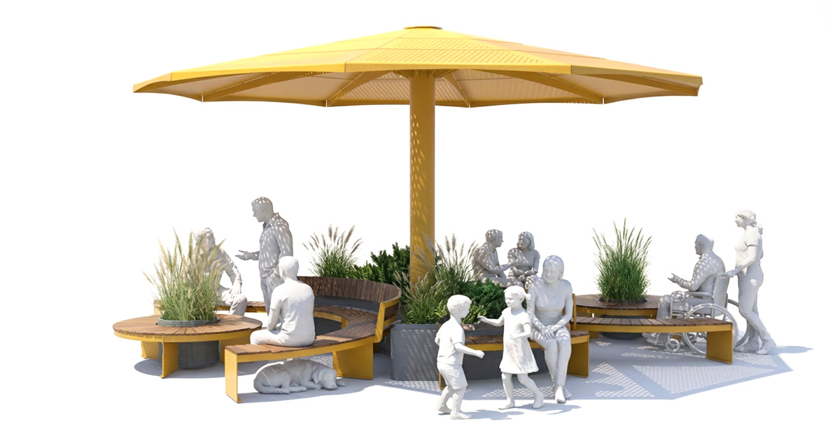 Curved urban bench, universal access (ADA), public bench, Metal Parasol, Street furniture, urban furniture, Urban bench shelter, urban bench sunbrella urban furniture, sunshade, umbrella, outdoor collaborative space furniture, outdoor school furniture, outdoor furniture, school outdoor furniture, touristic station outdoor furniture, commercial outdoor furniture, Park outdoor furniture, Rooftop terrace furniture, Commercial terrace furniture, Public square outdoor furniture, Touristic site outdoor furniture, Urban modular furniture, Public space furniture.