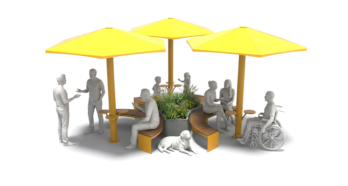 Curved urban bench, universal access (ADA), public bench, Metal Parasol, Street furniture, urban furniture, Urban bench shelter, urban bench sunbrella urban furniture, sunshade, umbrella, outdoor collaborative space furniture, outdoor school furniture, outdoor furniture, school outdoor furniture, touristic station outdoor furniture, commercial outdoor furniture, Park outdoor furniture, Rooftop terrace furniture, Commercial terrace furniture, Public square outdoor furniture, Touristic site outdoor furniture, Urban modular furniture, Public space furniture.