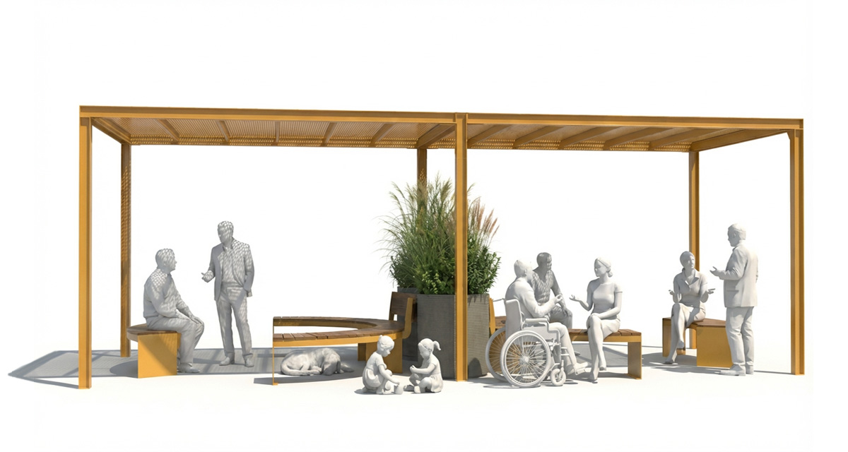 Curved urban bench, universal access (ADA), public bench, pergola urbaine, Street furniture, urban furniture, Urban bench shelter, urban bench urban pergola urban furniture, sunshade, umbrella, outdoor collaborative space furniture, outdoor school furniture, outdoor furniture, school outdoor furniture, touristic station outdoor furniture, commercial outdoor furniture, Park outdoor furniture, Rooftop terrace furniture, Commercial terrace furniture, Public square outdoor furniture, Touristic site outdoor furniture, Urban modular furniture, Public space furniture.