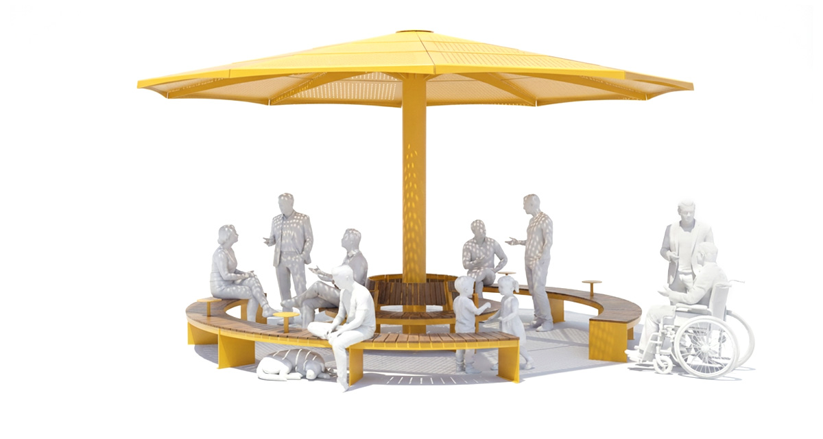 Curved urban bench, universal access (ADA), public bench, Metal Parasol, Street furniture, urban furniture, Urban bench shelter, urban bench sunbrella urban furniture, sunshade, umbrella, outdoor collaborative space furniture, outdoor school furniture, outdoor furniture, school outdoor furniture, touristic station outdoor furniture, commercial outdoor furniture, Park outdoor furniture, Rooftop terrace furniture, Commercial terrace furniture, Public square outdoor furniture, Touristic site outdoor furniture, Urban modular furniture, Public space furniture.