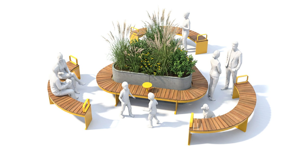 Public bench, Curved urban bench, universal access (ADA), Street furniture, urban furniture, Urban bench shelter, Mobilier de parc,outdoor furniture, school outdoor furniture, touristic station outdoor furniture, commercial outdoor furniture, Park outdoor furniture, Rooftop terrace furniture, Commercial terrace furniture, Public square outdoor furniture,Touristic site outdoor furniture, Urban modular furniture, Public space furniture.