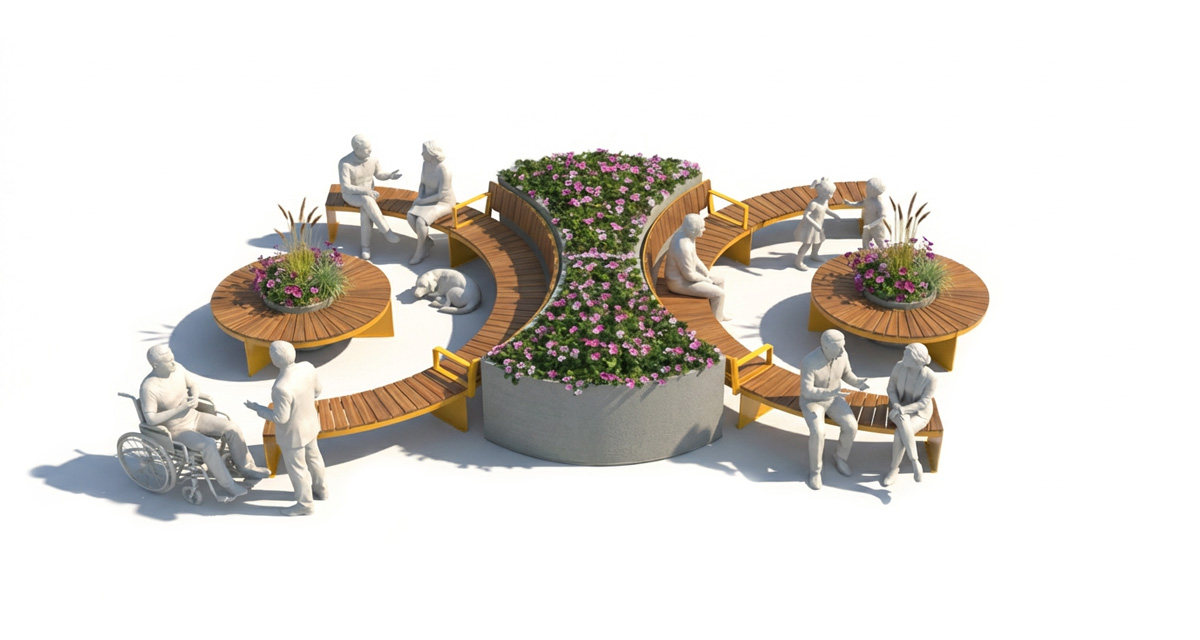 Public bench, Curved urban bench, universal access (ADA), Street furniture, urban furniture, Urban bench shelter, Mobilier de parc,outdoor furniture, school outdoor furniture, touristic station outdoor furniture, commercial outdoor furniture, Park outdoor furniture, Rooftop terrace furniture, Commercial terrace furniture, Public square outdoor furniture,Touristic site outdoor furniture, Urban modular furniture, Public space furniture.