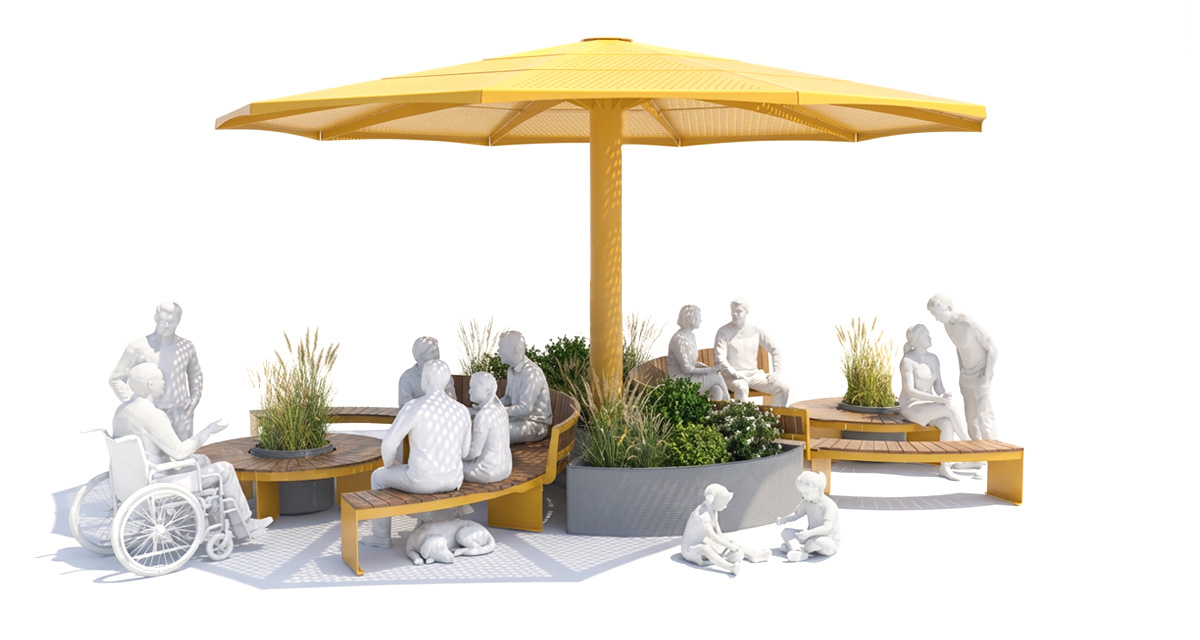 Curved urban bench, universal access (ADA), public bench, Metal Parasol, Street furniture, urban furniture, Urban bench shelter, urban bench sunbrella urban furniture, sunshade, umbrella, outdoor collaborative space furniture, outdoor school furniture, outdoor furniture, school outdoor furniture, touristic station outdoor furniture, commercial outdoor furniture, Park outdoor furniture, Rooftop terrace furniture, Commercial terrace furniture, Public square outdoor furniture, Touristic site outdoor furniture, Urban modular furniture, Public space furniture.