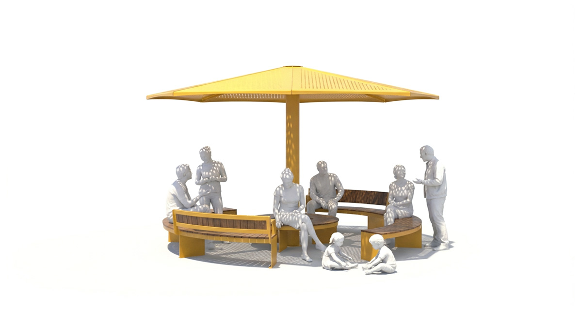 Curved urban bench, universal access (ADA), public bench, Metal Parasol, Street furniture, urban furniture, Urban bench shelter, urban bench sunbrella urban furniture, sunshade, umbrella, outdoor collaborative space furniture, outdoor school furniture, outdoor furniture, school outdoor furniture, touristic station outdoor furniture, commercial outdoor furniture, Park outdoor furniture, Rooftop terrace furniture, Commercial terrace furniture, Public square outdoor furniture, Touristic site outdoor furniture, Urban modular furniture, Public space furniture.