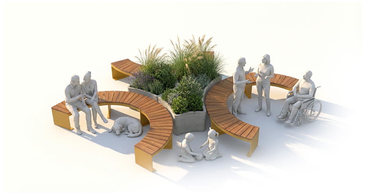 Public bench, Curved urban bench, universal access (ADA), Street furniture, urban furniture, Urban bench shelter, Mobilier de parc,outdoor furniture, school outdoor furniture, touristic station outdoor furniture, commercial outdoor furniture, Park outdoor furniture, Rooftop terrace furniture, Commercial terrace furniture, Public square outdoor furniture,Touristic site outdoor furniture, Urban modular furniture, Public space furniture.