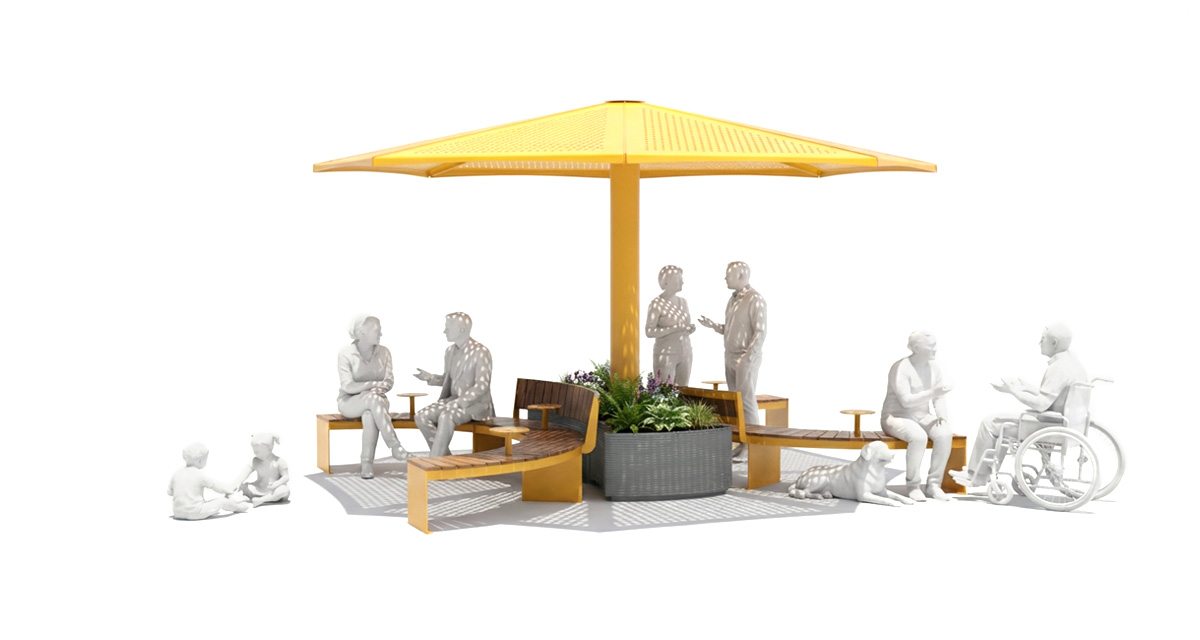 Curved urban bench, universal access (ADA), public bench, Metal Parasol, Street furniture, urban furniture, Urban bench shelter, urban bench sunbrella urban furniture, sunshade, umbrella, outdoor collaborative space furniture, outdoor school furniture, outdoor furniture, school outdoor furniture, touristic station outdoor furniture, commercial outdoor furniture, Park outdoor furniture, Rooftop terrace furniture, Commercial terrace furniture, Public square outdoor furniture, Touristic site outdoor furniture, Urban modular furniture, Public space furniture.