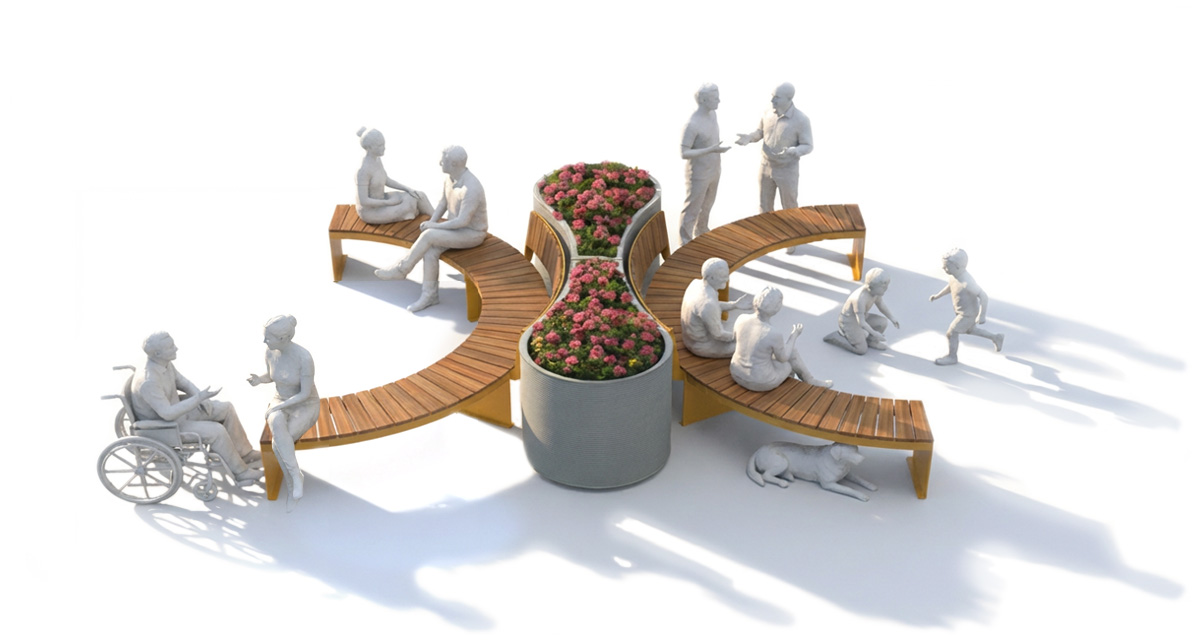 Public bench, Curved urban bench, universal access (ADA), Street furniture, urban furniture, Urban bench shelter, Mobilier de parc,outdoor furniture, school outdoor furniture, touristic station outdoor furniture, commercial outdoor furniture, Park outdoor furniture, Rooftop terrace furniture, Commercial terrace furniture, Public square outdoor furniture,Touristic site outdoor furniture, Urban modular furniture, Public space furniture.