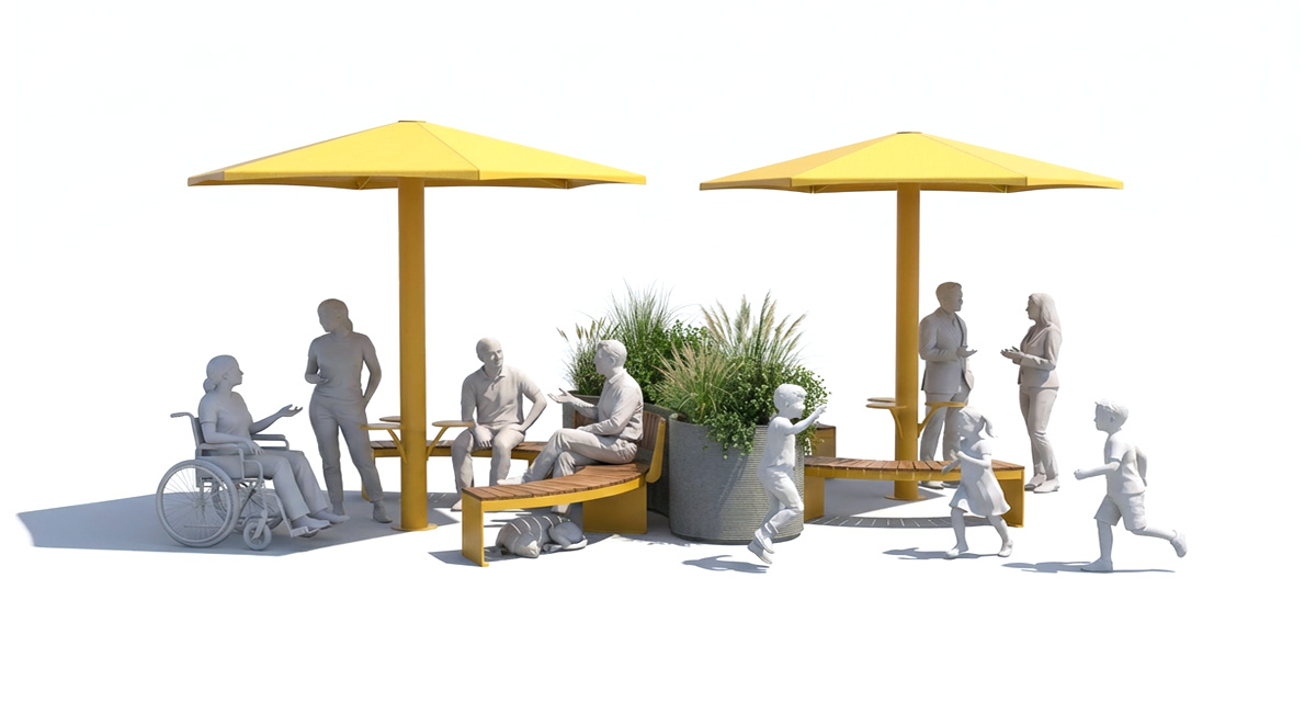 Curved urban bench, universal access (ADA), public bench, Metal Parasol, Street furniture, urban furniture, Urban bench shelter, urban bench sunbrella urban furniture, sunshade, umbrella, outdoor collaborative space furniture, outdoor school furniture, outdoor furniture, school outdoor furniture, touristic station outdoor furniture, commercial outdoor furniture, Park outdoor furniture, Rooftop terrace furniture, Commercial terrace furniture, Public square outdoor furniture, Touristic site outdoor furniture, Urban modular furniture, Public space furniture.