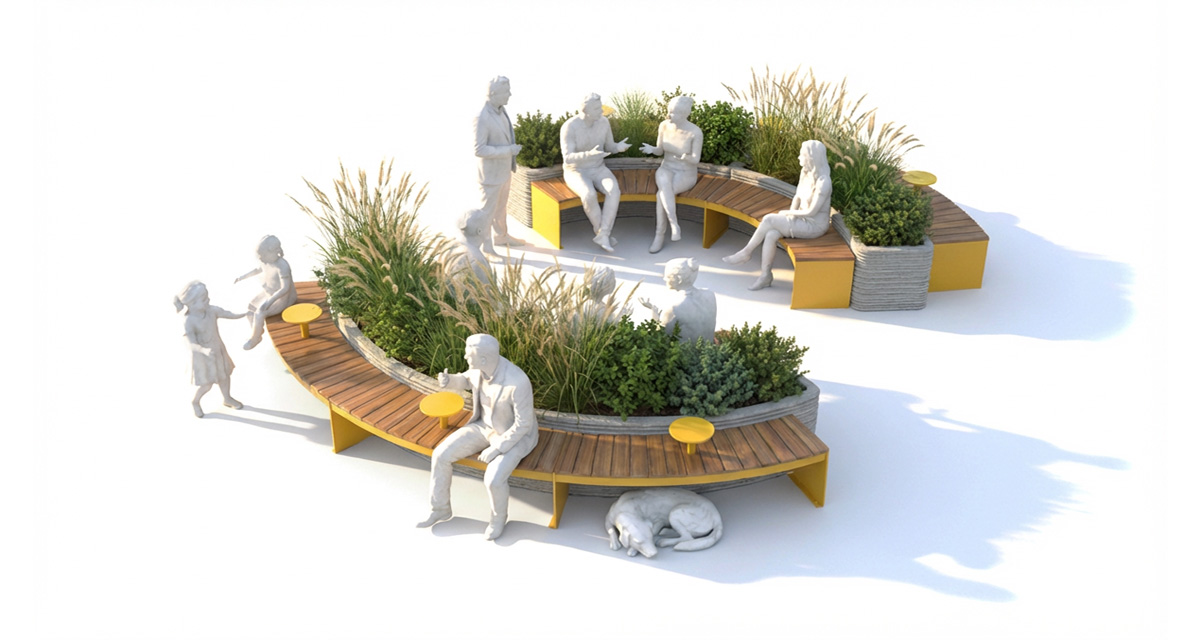 Public bench, Curved urban bench, universal access (ADA), Street furniture, urban furniture, Urban bench shelter, Mobilier de parc,outdoor furniture, school outdoor furniture, touristic station outdoor furniture, commercial outdoor furniture, Park outdoor furniture, Rooftop terrace furniture, Commercial terrace furniture, Public square outdoor furniture,Touristic site outdoor furniture, Urban modular furniture, Public space furniture.