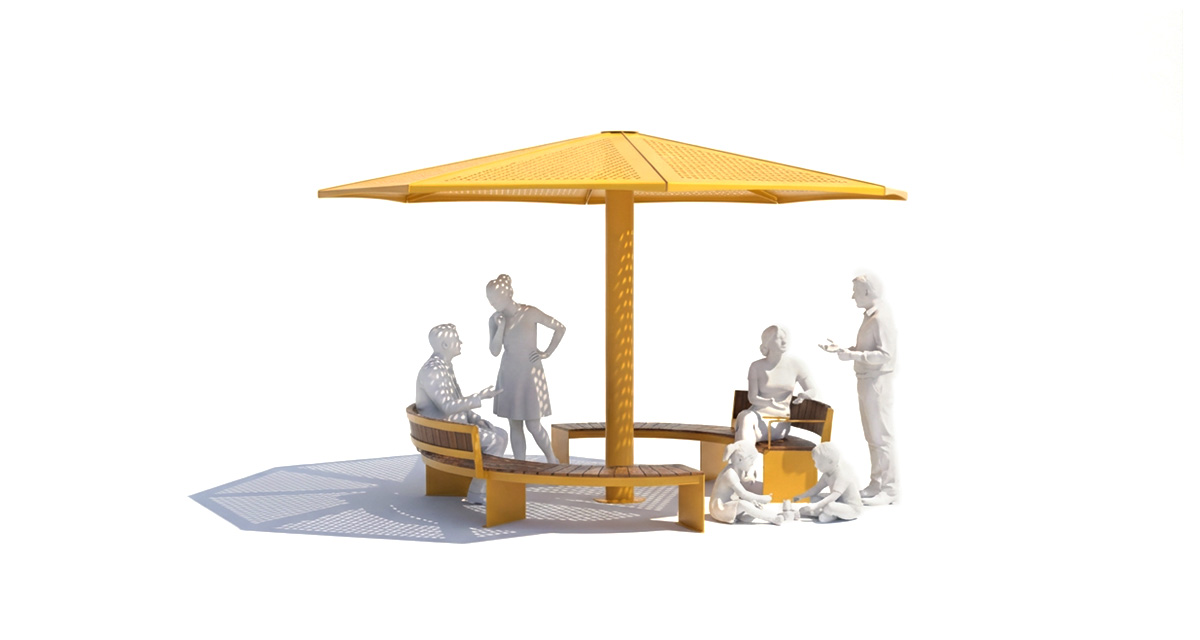 Curved urban bench, universal access (ADA), public bench, Metal Parasol, Street furniture, urban furniture, Urban bench shelter, urban bench sunbrella urban furniture, sunshade, umbrella, outdoor collaborative space furniture, outdoor school furniture, outdoor furniture, school outdoor furniture, touristic station outdoor furniture, commercial outdoor furniture, Park outdoor furniture, Rooftop terrace furniture, Commercial terrace furniture, Public square outdoor furniture, Touristic site outdoor furniture, Urban modular furniture, Public space furniture.