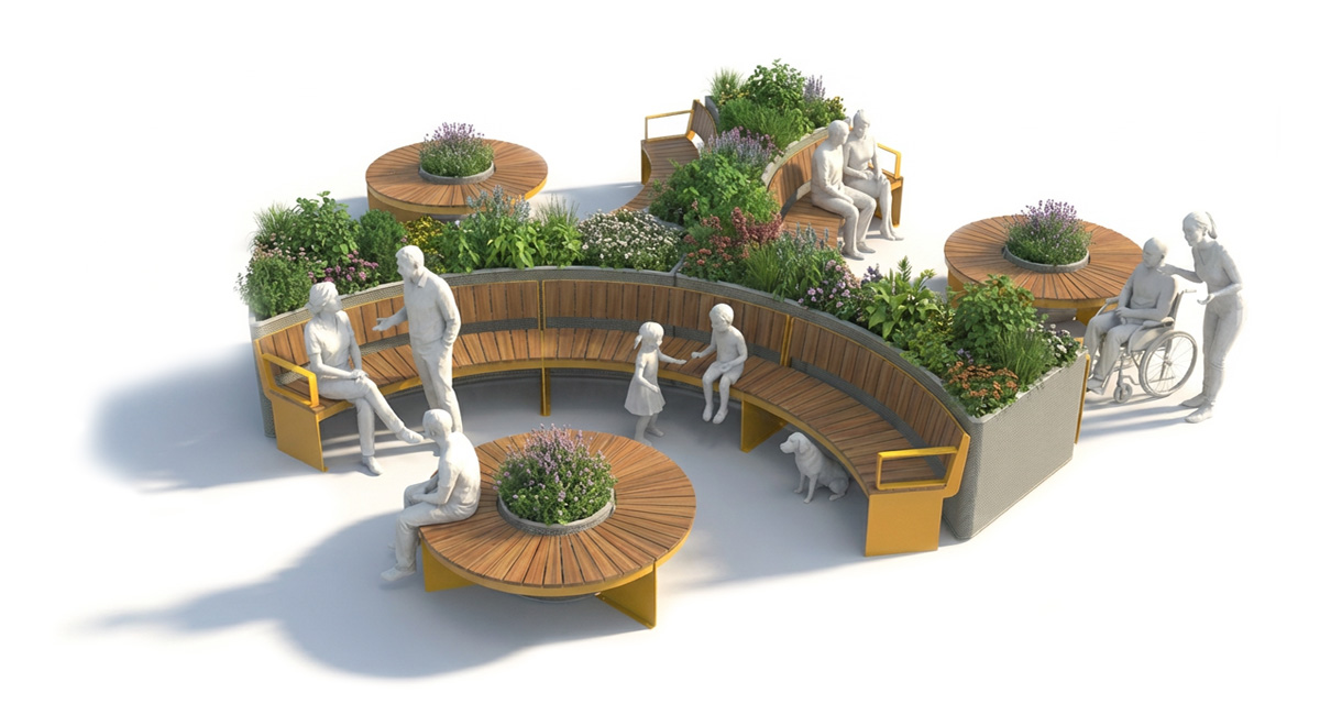 Public bench, Curved urban bench, universal access (ADA), Street furniture, urban furniture, Urban bench shelter, Mobilier de parc,outdoor furniture, school outdoor furniture, touristic station outdoor furniture, commercial outdoor furniture, Park outdoor furniture, Rooftop terrace furniture, Commercial terrace furniture, Public square outdoor furniture,Touristic site outdoor furniture, Urban modular furniture, Public space furniture.