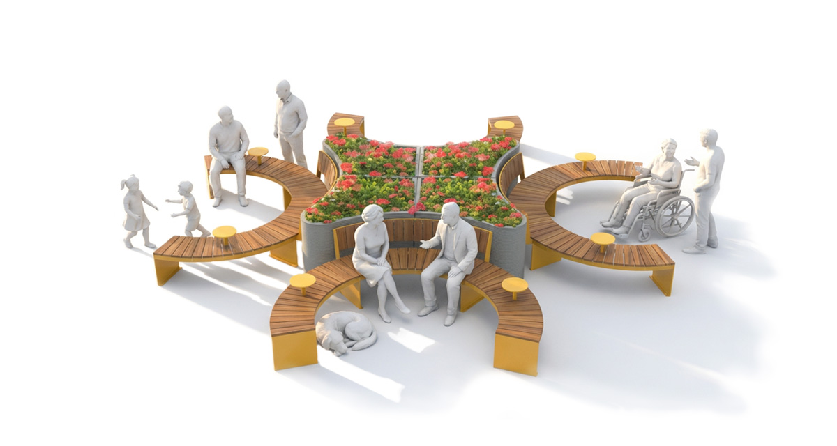 Public bench, Curved urban bench, universal access (ADA), Street furniture, urban furniture, Urban bench shelter, Mobilier de parc,outdoor furniture, school outdoor furniture, touristic station outdoor furniture, commercial outdoor furniture, Park outdoor furniture, Rooftop terrace furniture, Commercial terrace furniture, Public square outdoor furniture,Touristic site outdoor furniture, Urban modular furniture, Public space furniture.