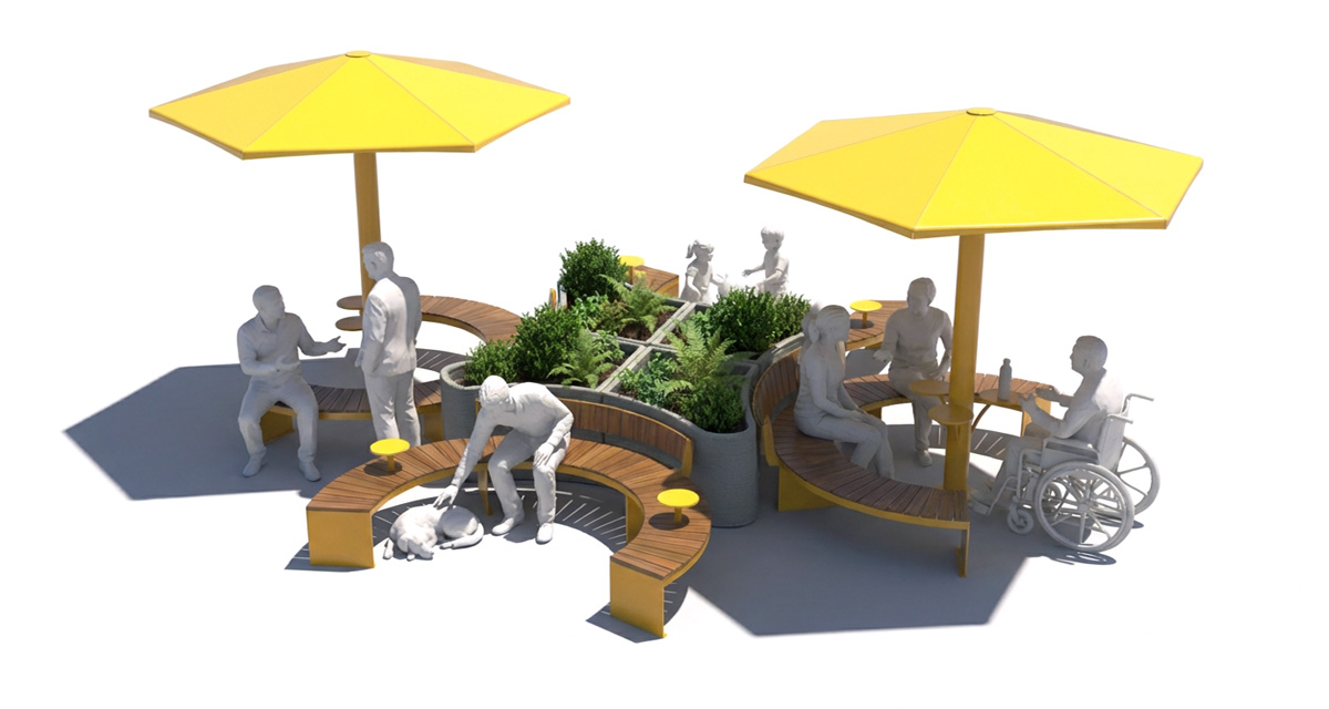 Curved urban bench, universal access (ADA), public bench, Metal Parasol, Street furniture, urban furniture, Urban bench shelter, urban bench sunbrella urban furniture, sunshade, umbrella, outdoor collaborative space furniture, outdoor school furniture, outdoor furniture, school outdoor furniture, touristic station outdoor furniture, commercial outdoor furniture, Park outdoor furniture, Rooftop terrace furniture, Commercial terrace furniture, Public square outdoor furniture, Touristic site outdoor furniture, Urban modular furniture, Public space furniture.