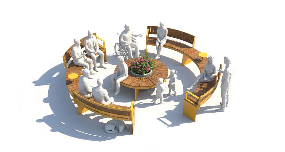 Public bench, Curved urban bench, universal access (ADA), Street furniture, urban furniture, Urban bench shelter, Mobilier de parc,outdoor furniture, school outdoor furniture, touristic station outdoor furniture, commercial outdoor furniture, Park outdoor furniture, Rooftop terrace furniture, Commercial terrace furniture, Public square outdoor furniture,Touristic site outdoor furniture, Urban modular furniture, Public space furniture.