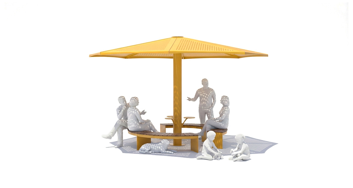 Curved urban bench, universal access (ADA), public bench, Metal Parasol, Street furniture, urban furniture, Urban bench shelter, urban bench sunbrella urban furniture, sunshade, umbrella, outdoor collaborative space furniture, outdoor school furniture, outdoor furniture, school outdoor furniture, touristic station outdoor furniture, commercial outdoor furniture, Park outdoor furniture, Rooftop terrace furniture, Commercial terrace furniture, Public square outdoor furniture, Touristic site outdoor furniture, Urban modular furniture, Public space furniture.