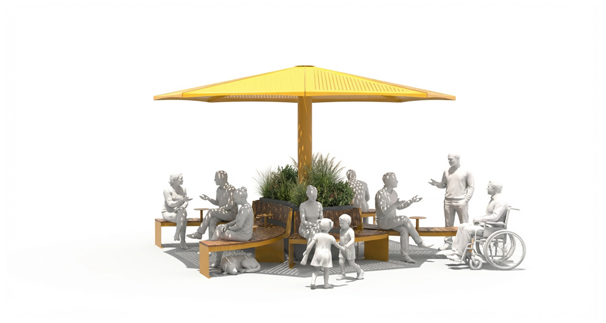 Curved urban bench, universal access (ADA), public bench, Metal Parasol, Street furniture, urban furniture, Urban bench shelter, urban bench sunbrella urban furniture, sunshade, umbrella, outdoor collaborative space furniture, outdoor school furniture, outdoor furniture, school outdoor furniture, touristic station outdoor furniture, commercial outdoor furniture, Park outdoor furniture, Rooftop terrace furniture, Commercial terrace furniture, Public square outdoor furniture, Touristic site outdoor furniture, Urban modular furniture, Public space furniture.