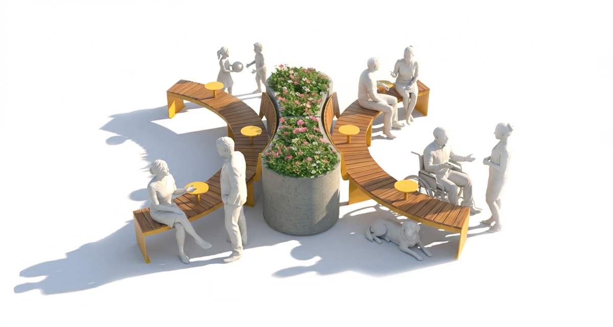 Public bench, Curved urban bench, universal access (ADA), Street furniture, urban furniture, Urban bench shelter, Mobilier de parc,outdoor furniture, school outdoor furniture, touristic station outdoor furniture, commercial outdoor furniture, Park outdoor furniture, Rooftop terrace furniture, Commercial terrace furniture, Public square outdoor furniture,Touristic site outdoor furniture, Urban modular furniture, Public space furniture.