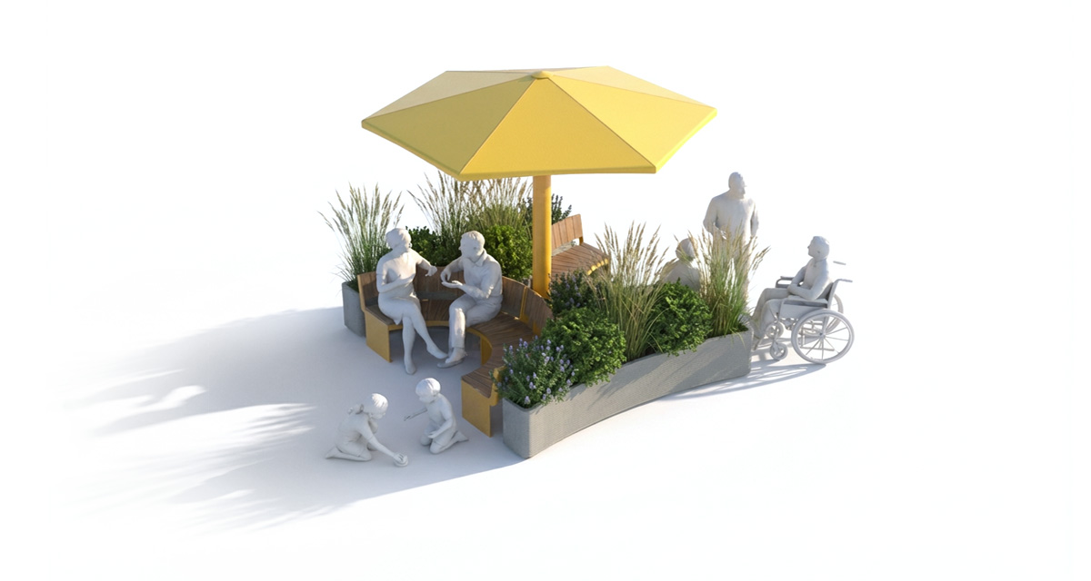 Curved urban bench, universal access (ADA), public bench, Metal Parasol, Street furniture, urban furniture, Urban bench shelter, urban bench sunbrella urban furniture, sunshade, umbrella, outdoor collaborative space furniture, outdoor school furniture, outdoor furniture, school outdoor furniture, touristic station outdoor furniture, commercial outdoor furniture, Park outdoor furniture, Rooftop terrace furniture, Commercial terrace furniture, Public square outdoor furniture, Touristic site outdoor furniture, Urban modular furniture, Public space furniture.