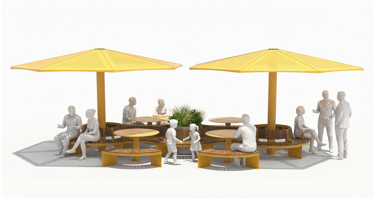 Picnic table, Public table, Public bench, Modular picnic table, universal access (ADA), Street furniture, urban furniture, Picnic table shelter, Mobilier de parc,outdoor furniture, school outdoor furniture, touristic station outdoor furniture, commercial outdoor furniture, Park outdoor furniture, Rooftop terrace furniture, Commercial terrace furniture, Public square outdoor furniture, Touristic site outdoor furniture, Urban modular furniture, Public space furniture.